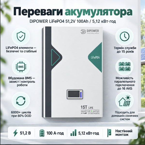 Комплект резервного живлення Anenji 6,2 кВт з Wi-Fi + 2 LiFePO4 акумулятори DIPOWER 10,24 кВт&middot;год ANJ-6200W-DIP-2 фото