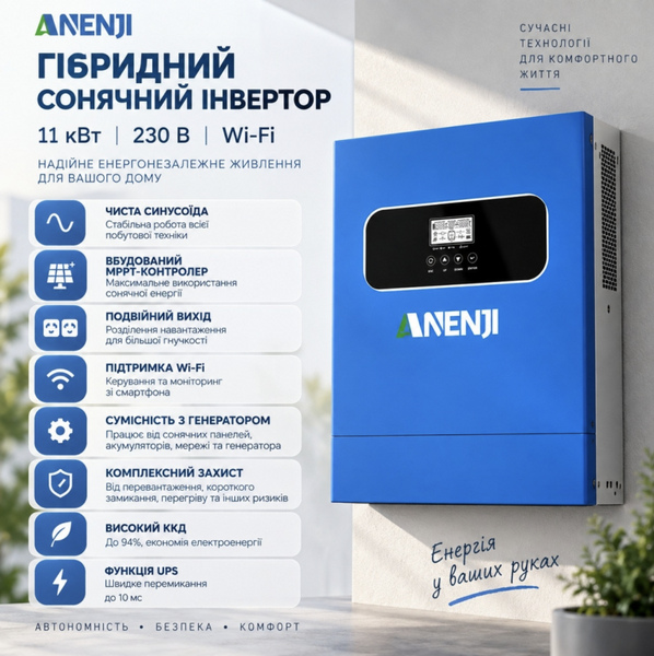 Комплект резервного живлення Anenji 11 кВт з Wi-Fi + 2 LiFePO4 акумулятори DIPOWER 10,24 кВт&middot;год ANJ-11000W-DIP-2 фото
