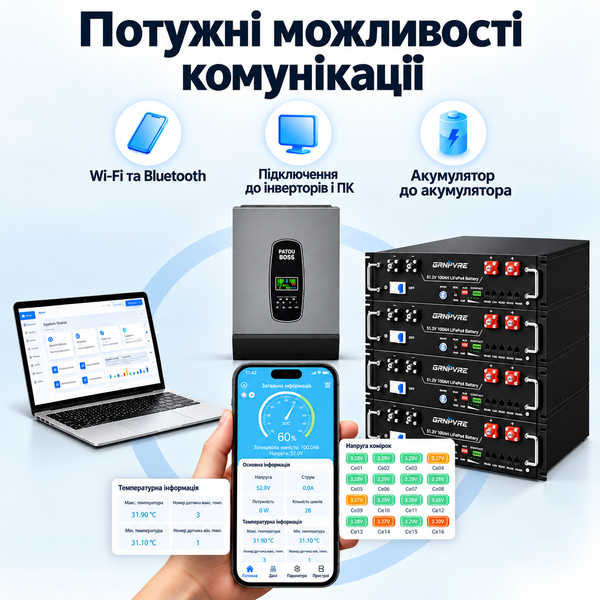 Акумулятор GRNYVRE LiFePO4 51,2 В 100 А&middot;год, 5,12 кВт&middot;год, BMS, Bluetooth GRN-51V-100AH фото